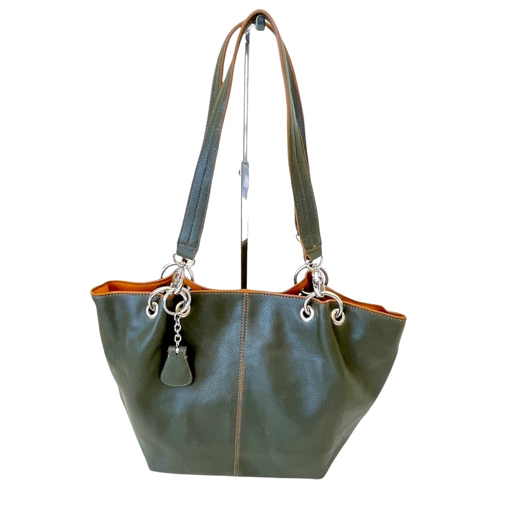 Nine West Vegan Leather Two Strap Shoulder Bag Silver Chains Green Tan